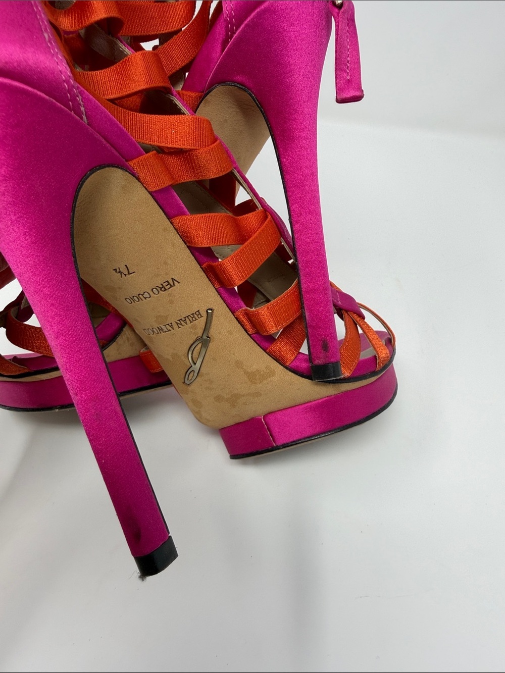 Brian Atwood Strappy Gladiator Sandals in Fuchsia and Orange - Picture 6 of 7